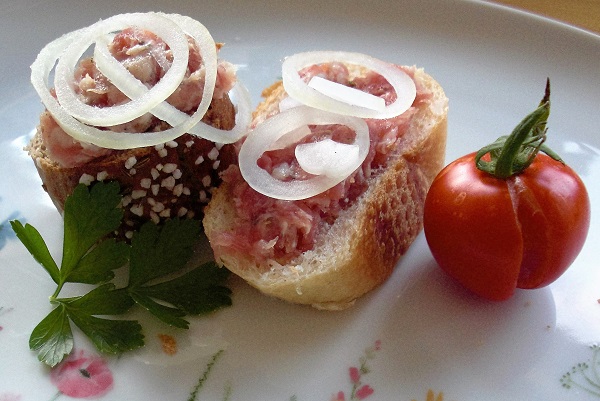 Foto rohes Bratwursbrät auf Brotstücke mit Zwiebeln garniert auf Teller mit Wiesenblumenmuster