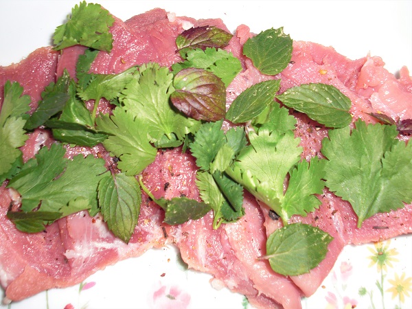 Foto Schweineroulade mit Pfefferminze und Korinaderblätter belegt auf Teller