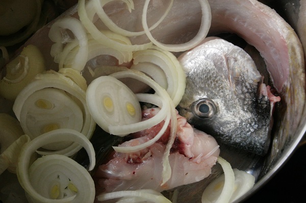 Foto Fischreste und Fischkopf und Zwiebelringe in einem Topf aus Stahl