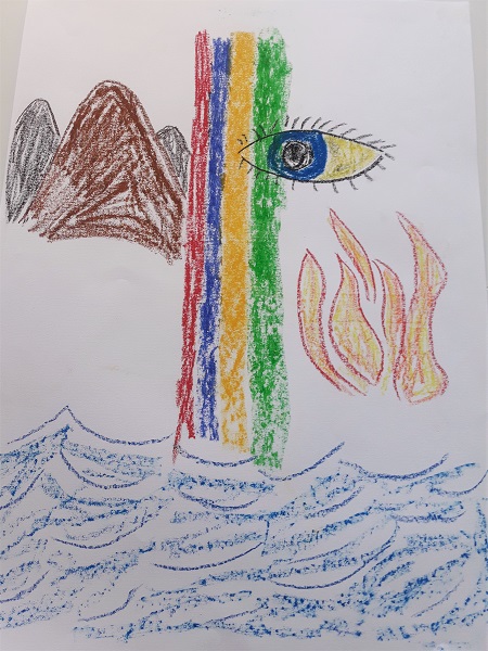 Bild mit Regenbogen, Berge und Meer